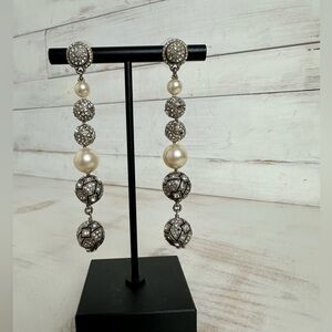 Chanel Silver-Toned and Pearl Drop Earrings with rhinestone encrusted spheres